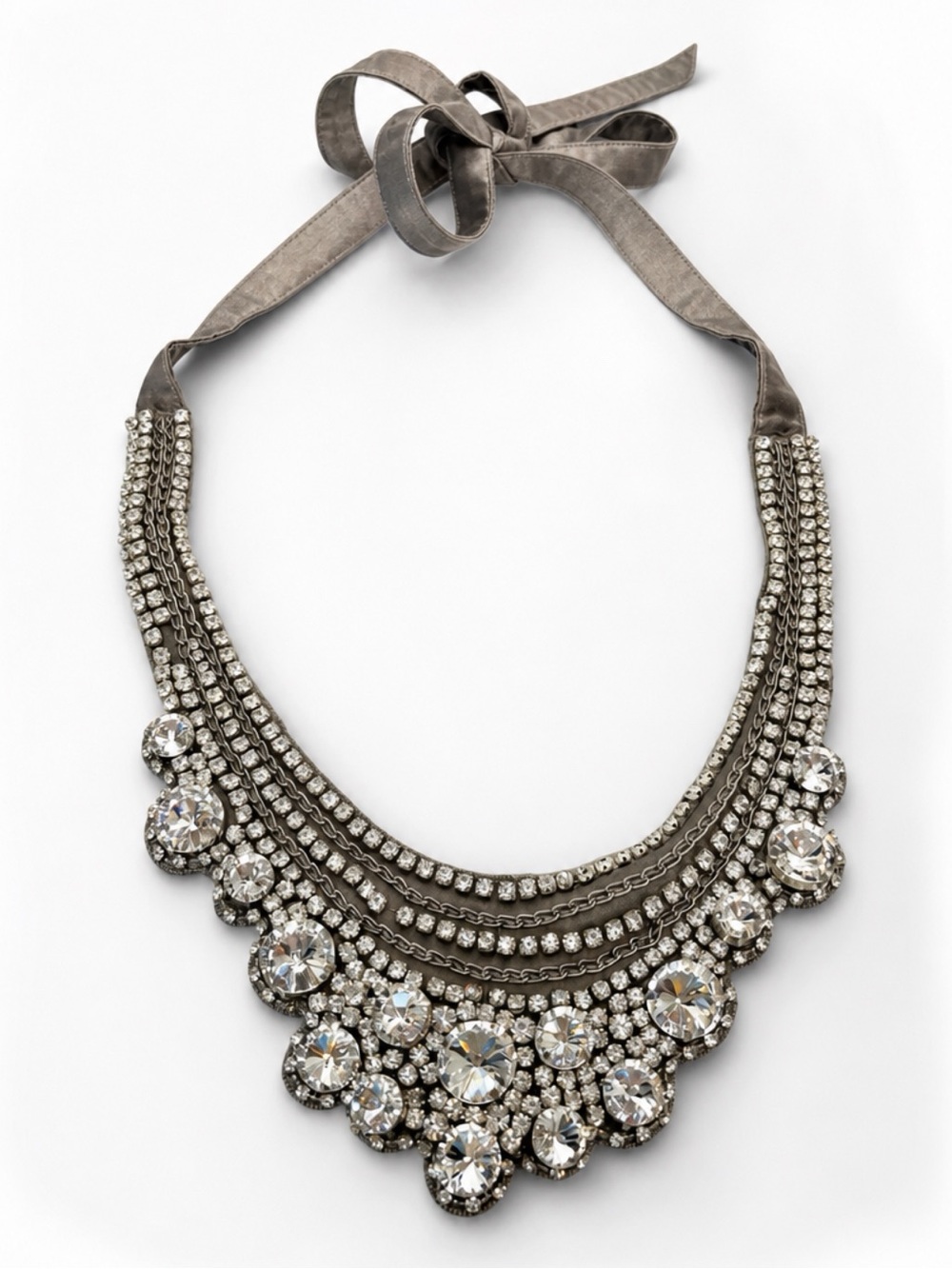 Haute Hippie Silver Crystal &Chain Bib Necklace, ribbon ties, *missing a few